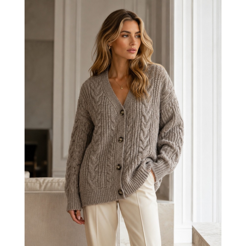 NWT Cozy Earth Oversized Cable Knit Cardigan Ash Large Yak Alpaca Wool $375